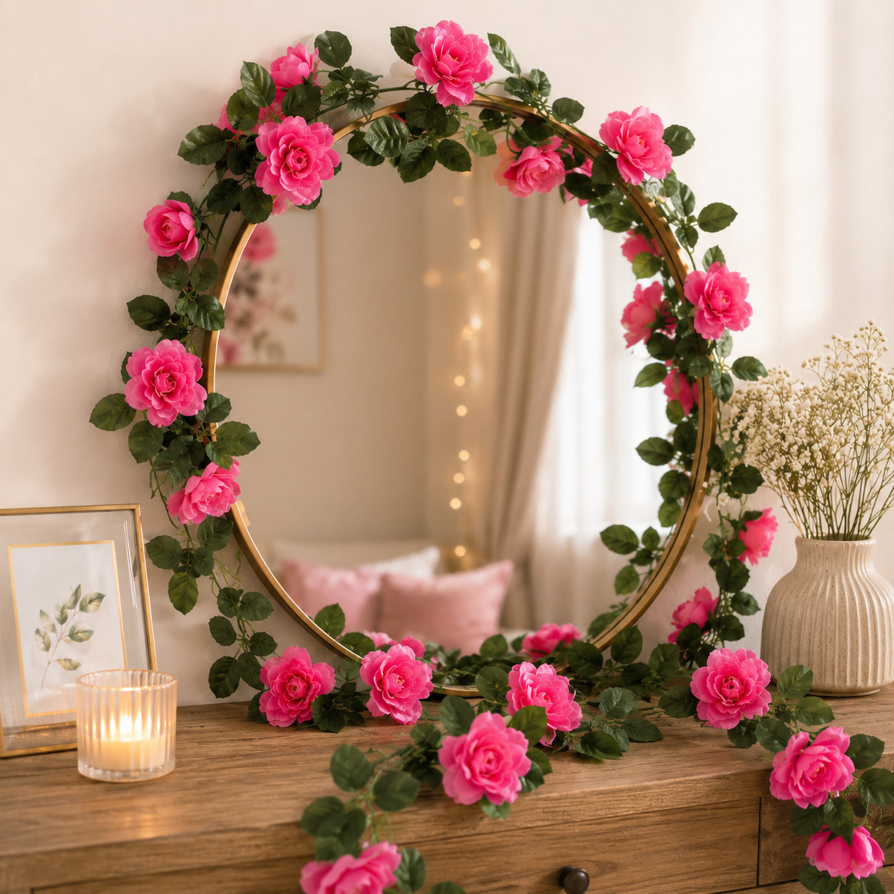 Pink Rose Artificial Flower Vine Garland for Wedding Party and Home Decor