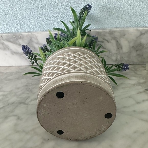 Artificial Lavender Plant White Cement Planter 12″ Indoor Outdoor Faux Floral VG