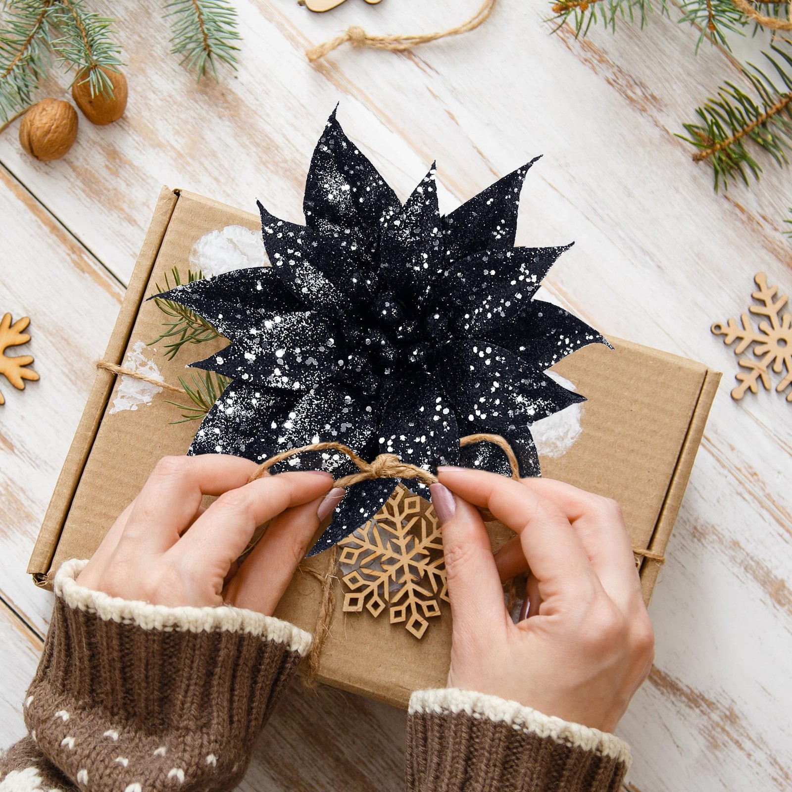 15 PCS Black Halloween Christmas Glitter Artificial Poinsettia Flowers Clip