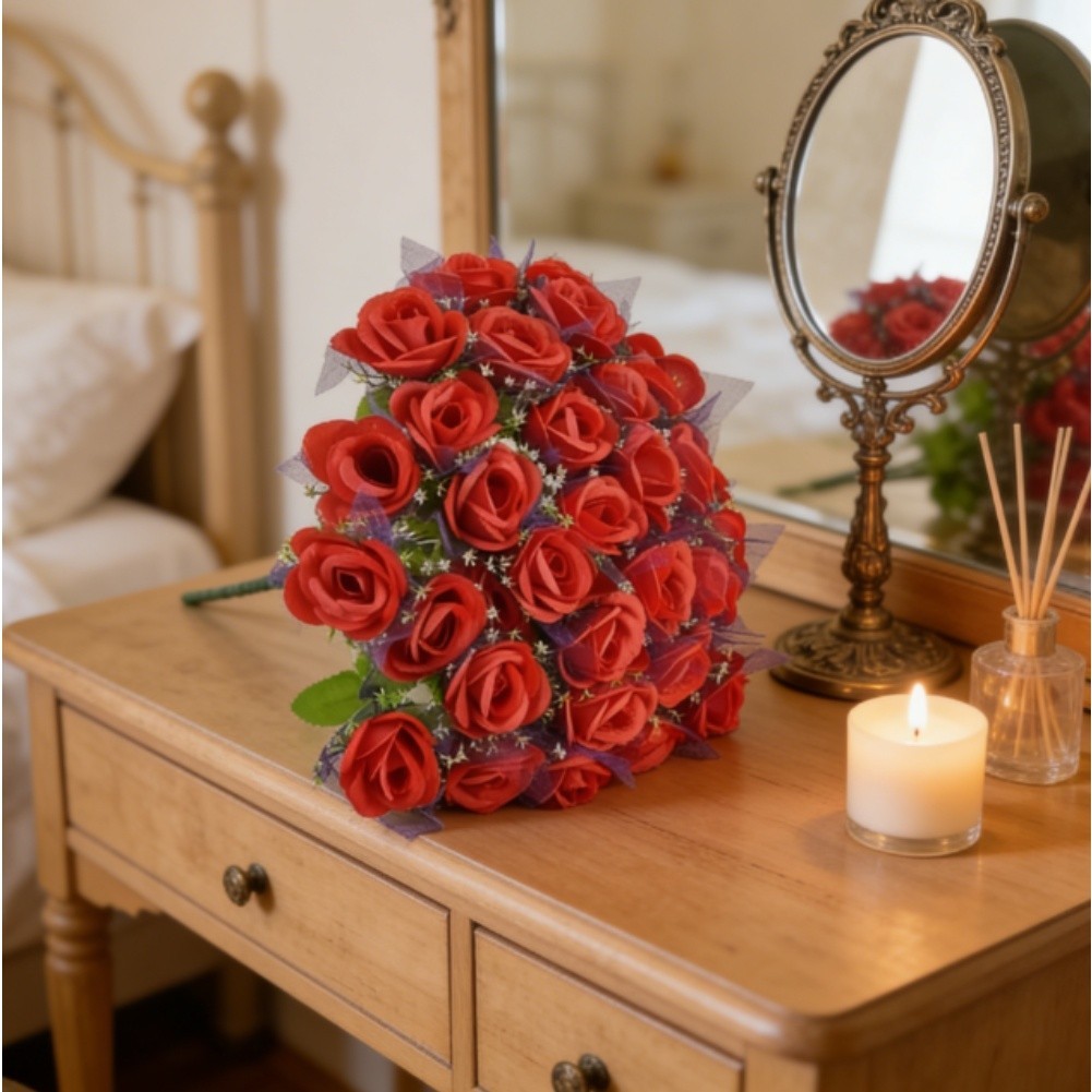 Wedding For Home decor bouquet 36 peach silk roses with purple gauze 43cm tall