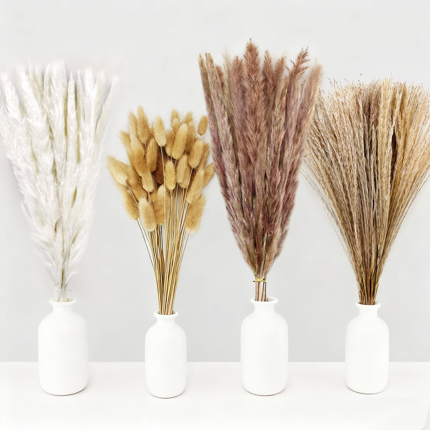 Dried Pampas Grass Decor, 100 Stems Bouquet with Bunny Tails & Reed Grass, Boho
