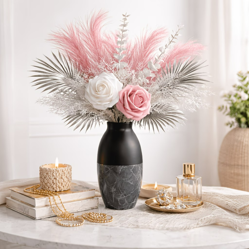 Pink and White Rose Artificial Flower Bouquet with Silvery Feather Decorations.