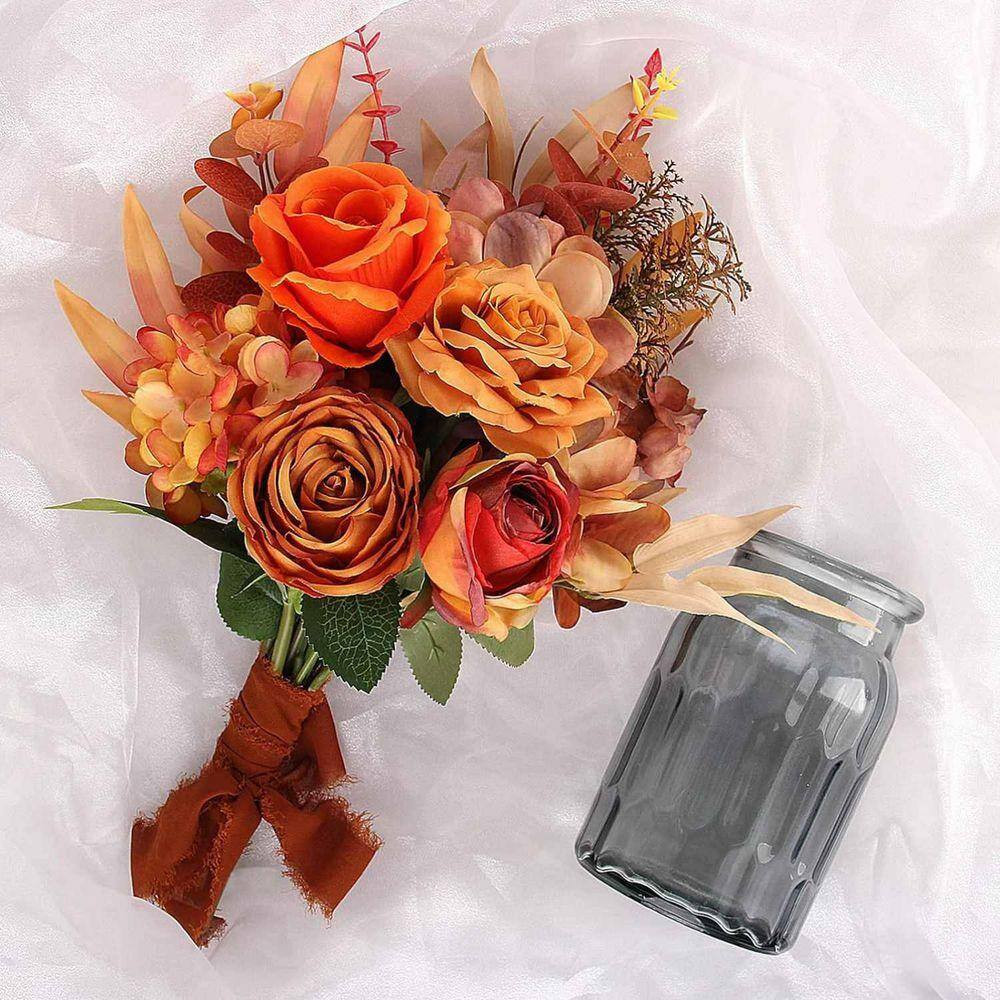 13 In. Orange Indoor Rose Hydrangea Floral Arrangement in Clear Glass Vase, Fall