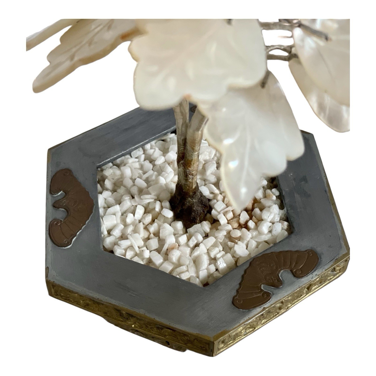 Vintage Mother of Pearl Capiz Shell Flower Bonsai Tree Bronze Planter 12”
