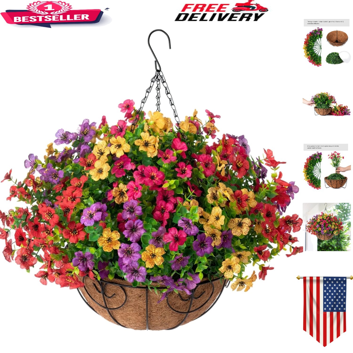 Elegant Artificial Flower Hanging Basket – Daisy & Eucalyptus – 12×6 Inches