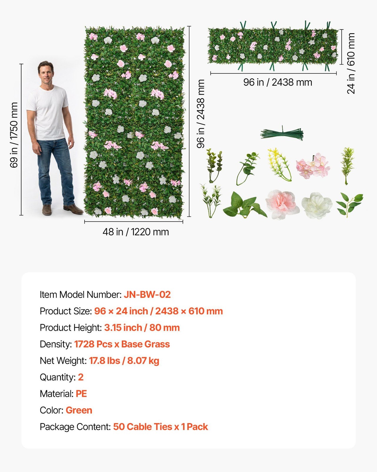 Easy-Install 3D Boxwood Backdrop 2x8ft x2, PE Material, Zip Ties Included