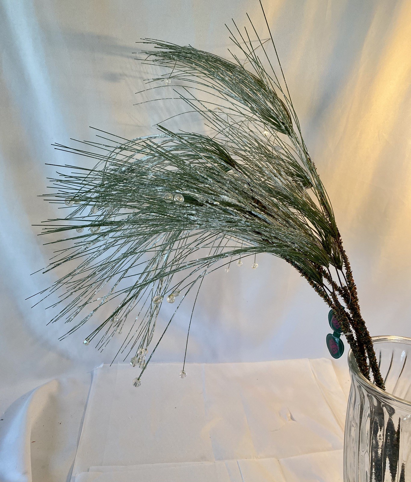 3 Green Frosted Icy Faux Pine Floral Pick Stems w/ Plastic Bead Ice 36″ Lot of 3