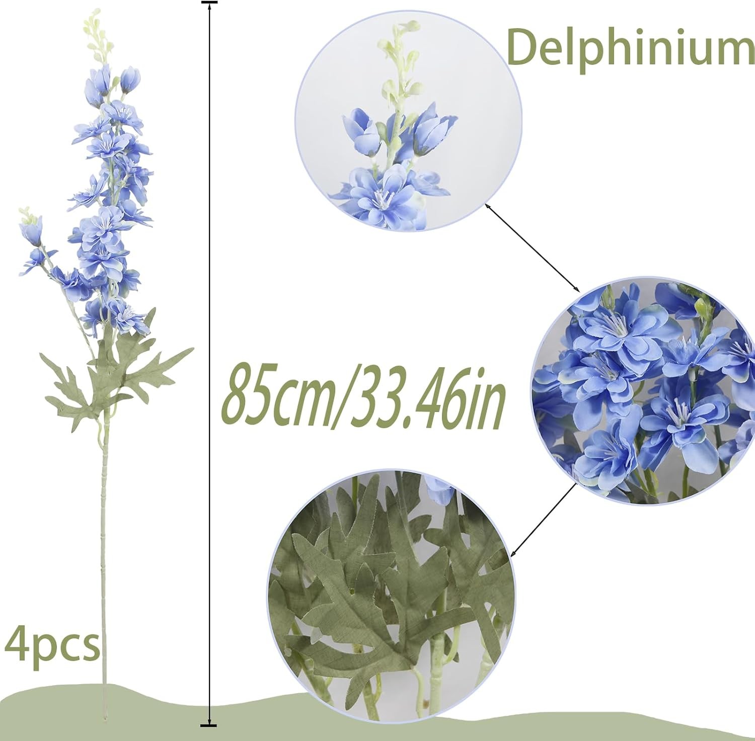 4PCS Blue Delphinium Artificial Silk Flowers 33.5″ Long Stem for Home & Wedding