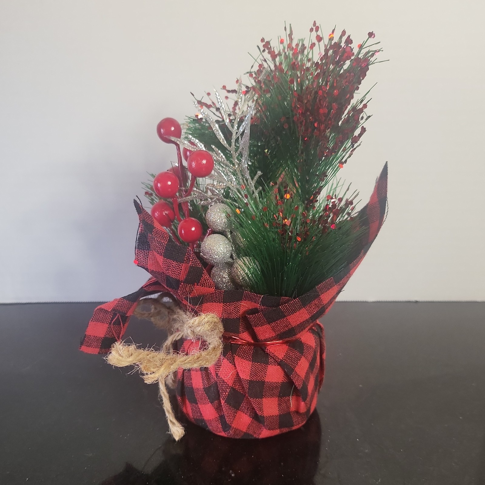 Artificial Christmas Pine & Berry Arrangement Centerpiece w/ Buffalo Plaid Wrap