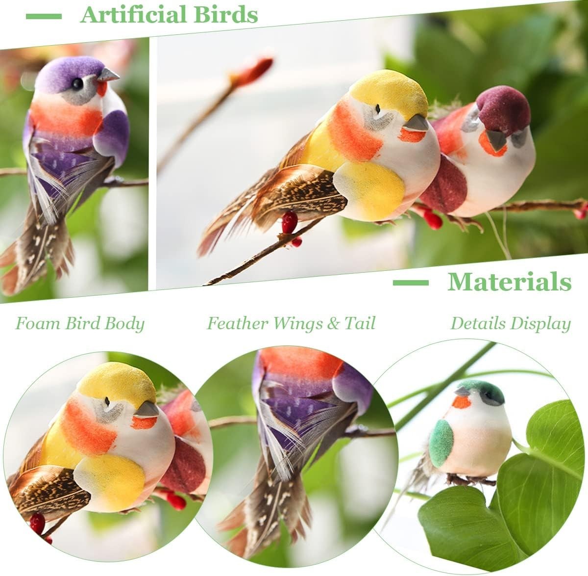 Charming 12pc Foam Feather Birds for Decorative Wreaths and Seasonal Displays