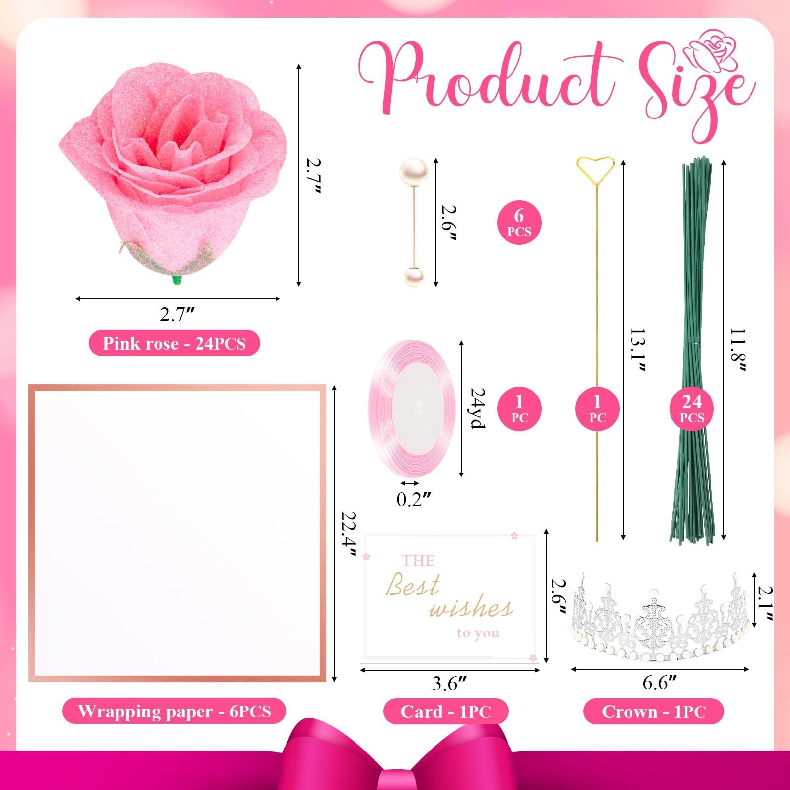 Glitter Roses Bouquet,24 Pcs Pink Flower Bouquet,Gifts for ,DIY Artificial Fl…