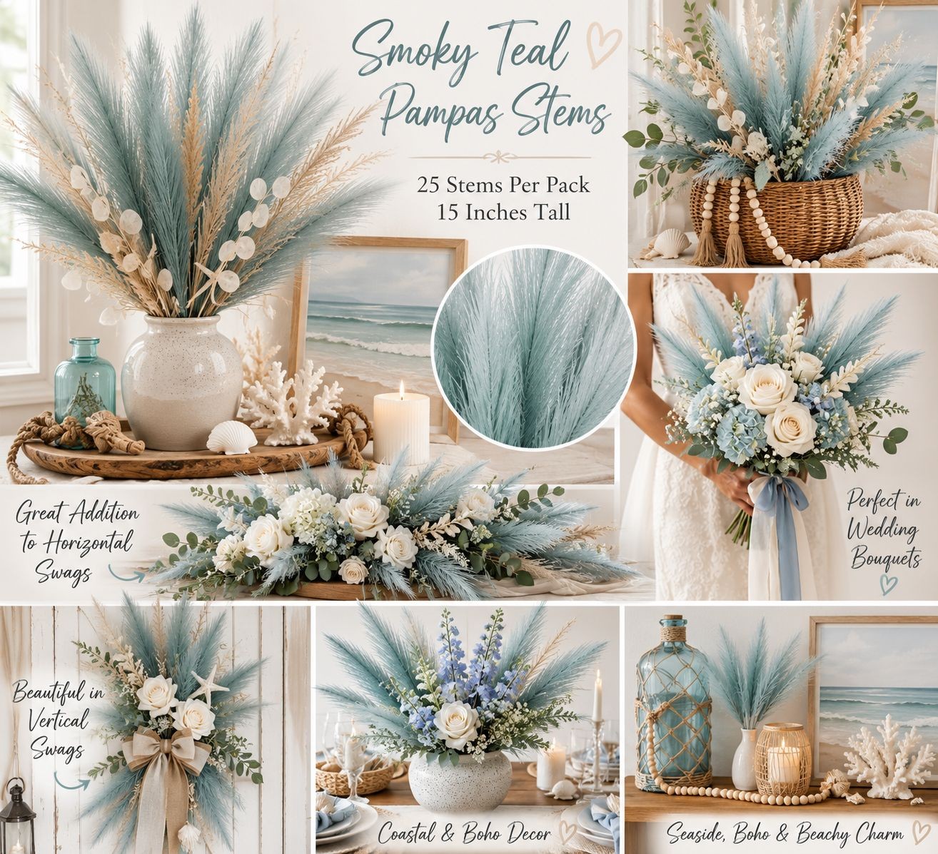 Smoky Teal Faux Pampas Grass Blue Pampas Stems Coastal Decor Boho Decor Wedding