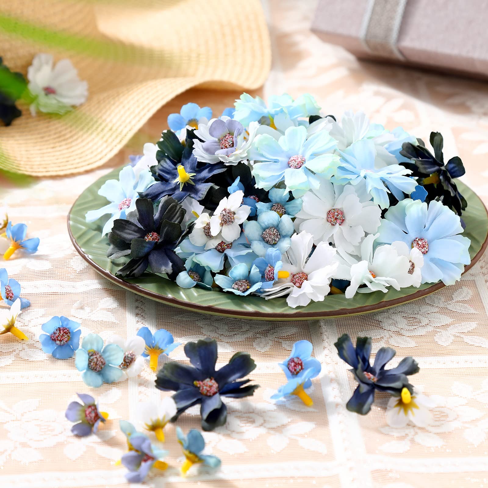 120 PCS Mini Artificial Silk Flower Heads Blue Crafts Wedding Bulk Decor DIY