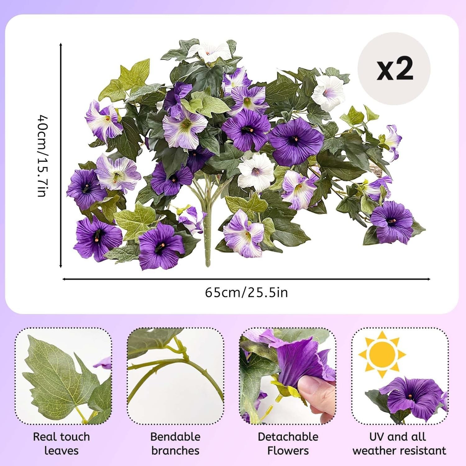 2-Pack Artificial Petunias with 24 Heads for Balcony and Garden Elegance