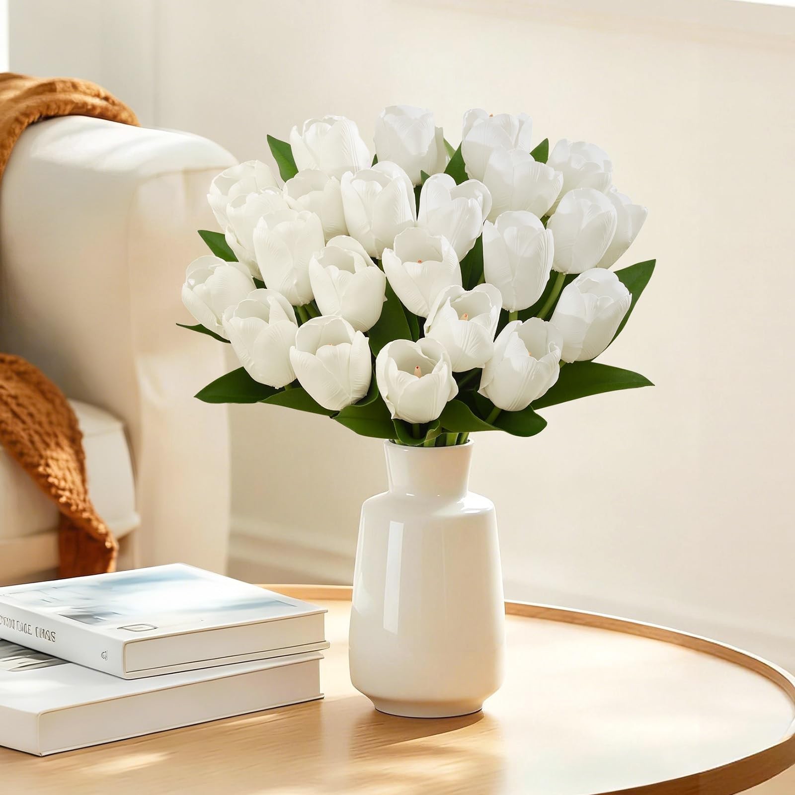 12 PCS White Artificial Tulips Real Touch Faux Flowers 14 Inch Bouquet