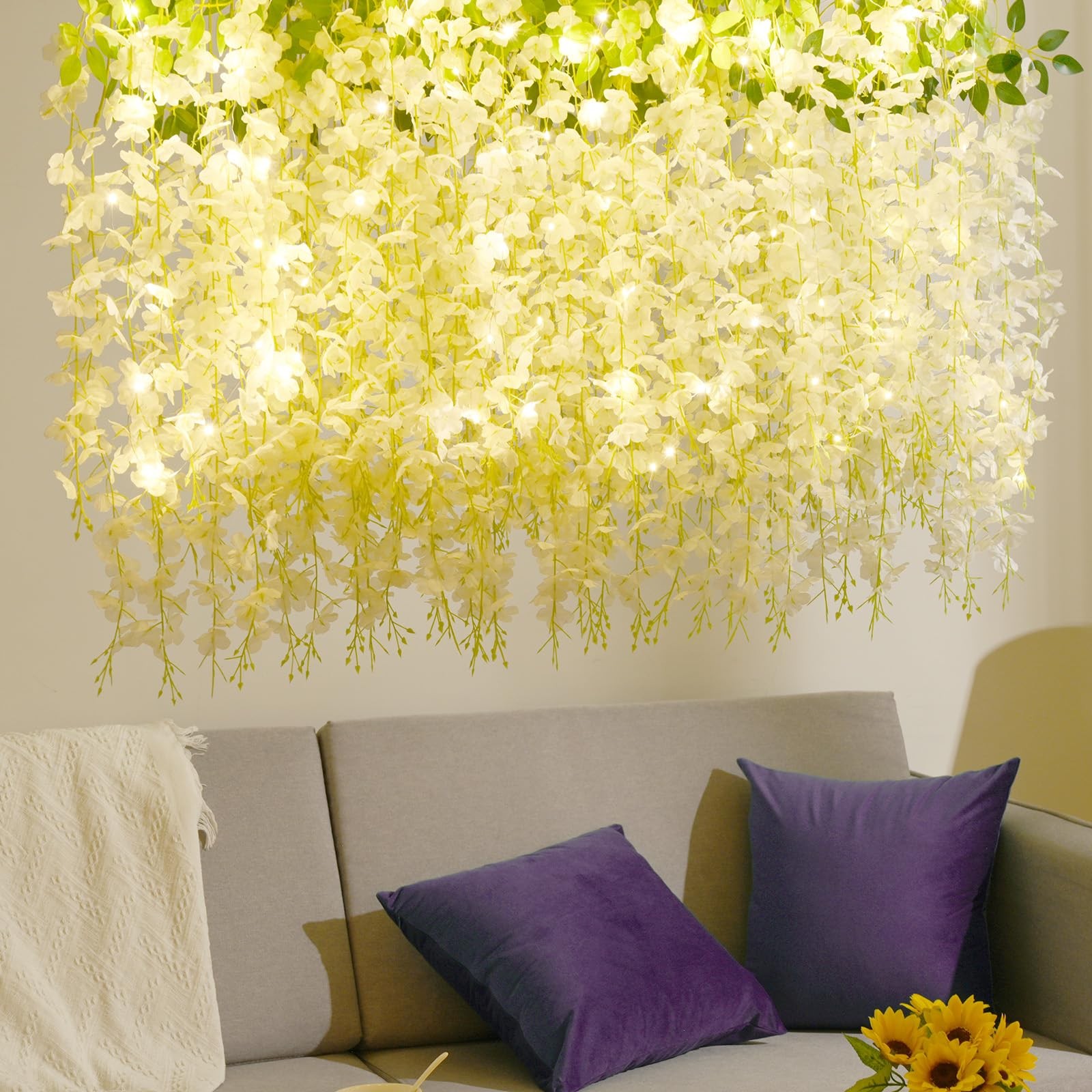 12Pcs Artificial Wisteria Hanging Flowers with Lights, 3.6Ft/Pcs White Fake W…