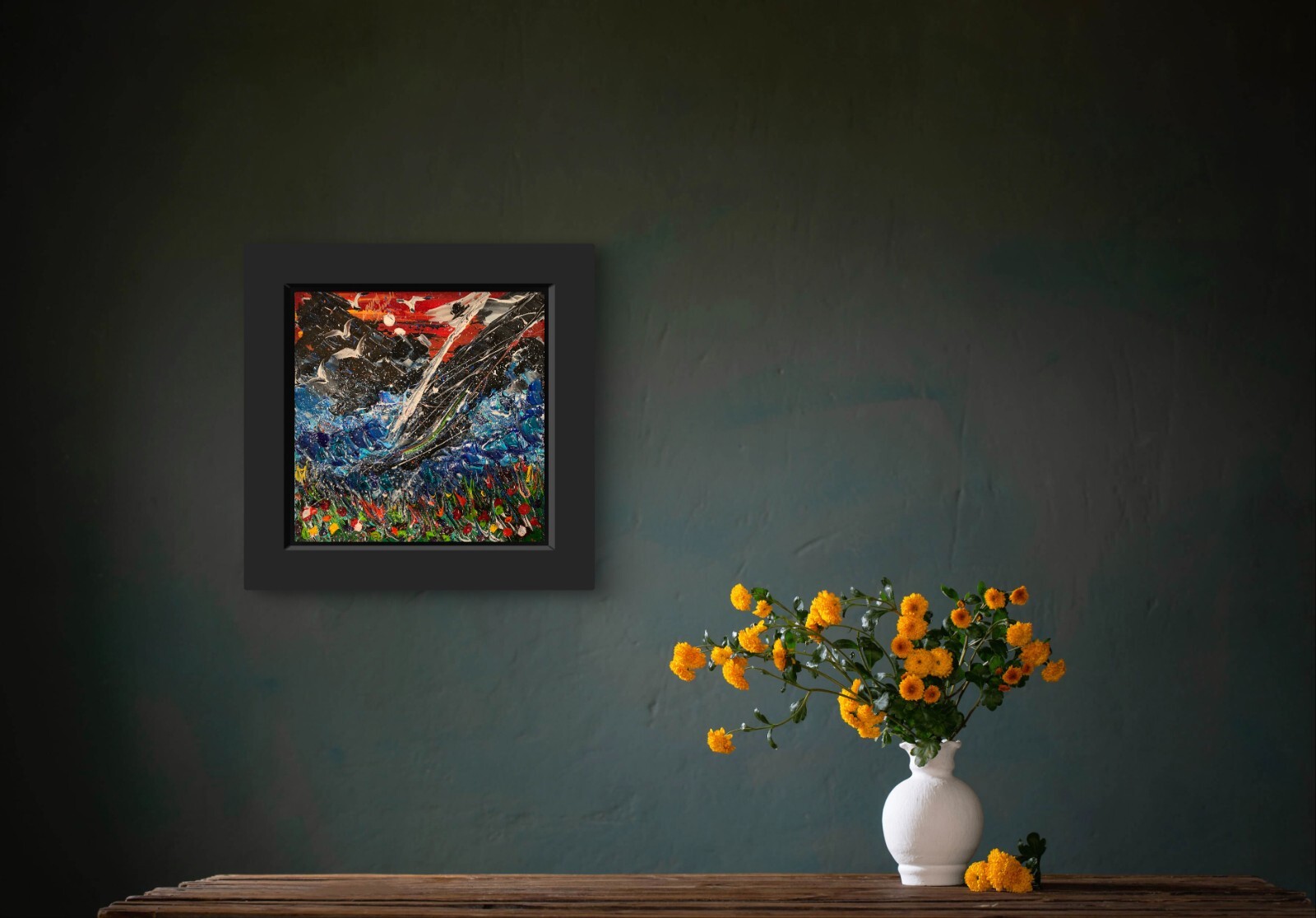 Original 14×14” Abstract Thick Texture Seascape Flower Painting by Laura Stovall