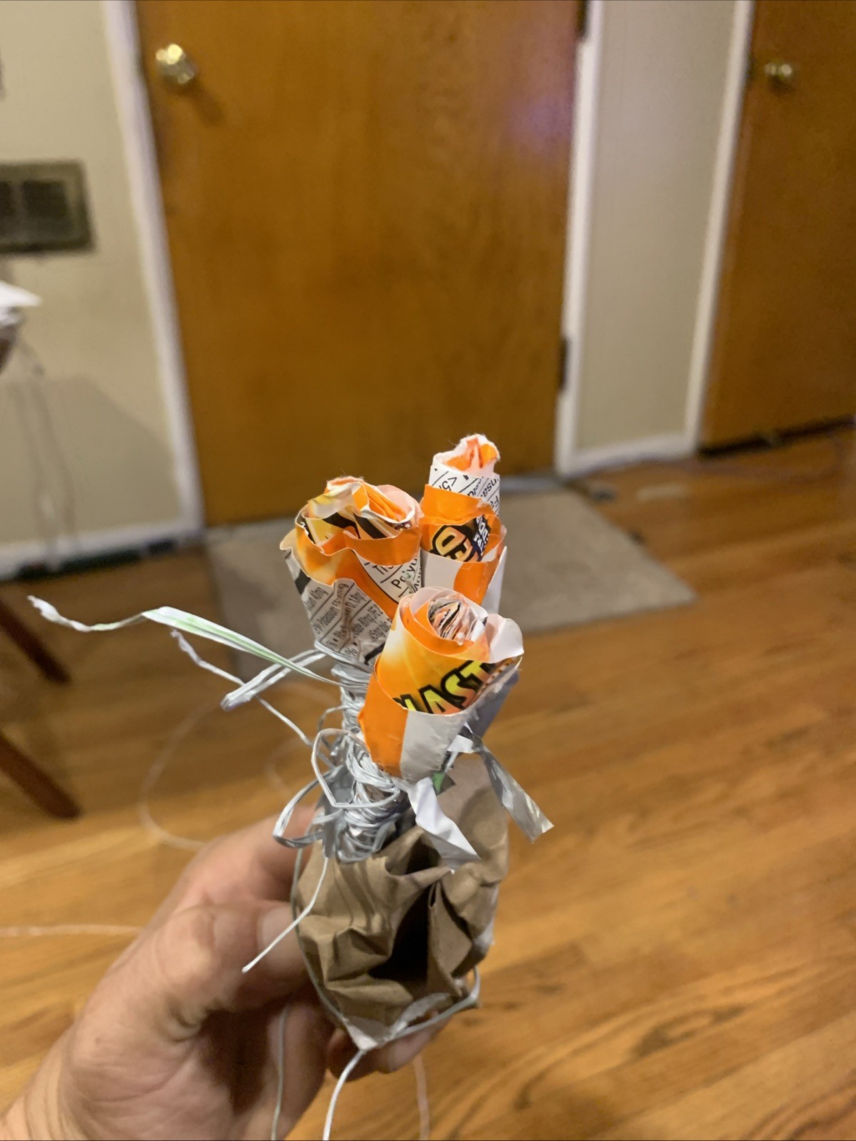 Three Rose Stems w/orange Rose Buds Made From •Gold Fish Snack Cover Wrap W Love