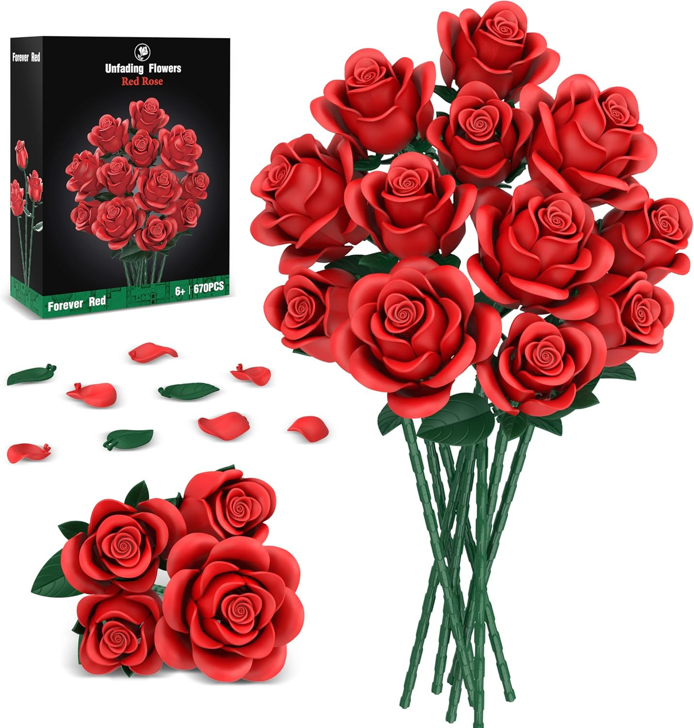 Red Roses Flower Bouquet Building Sets, 670Pcs Artificial Flowers Building Block