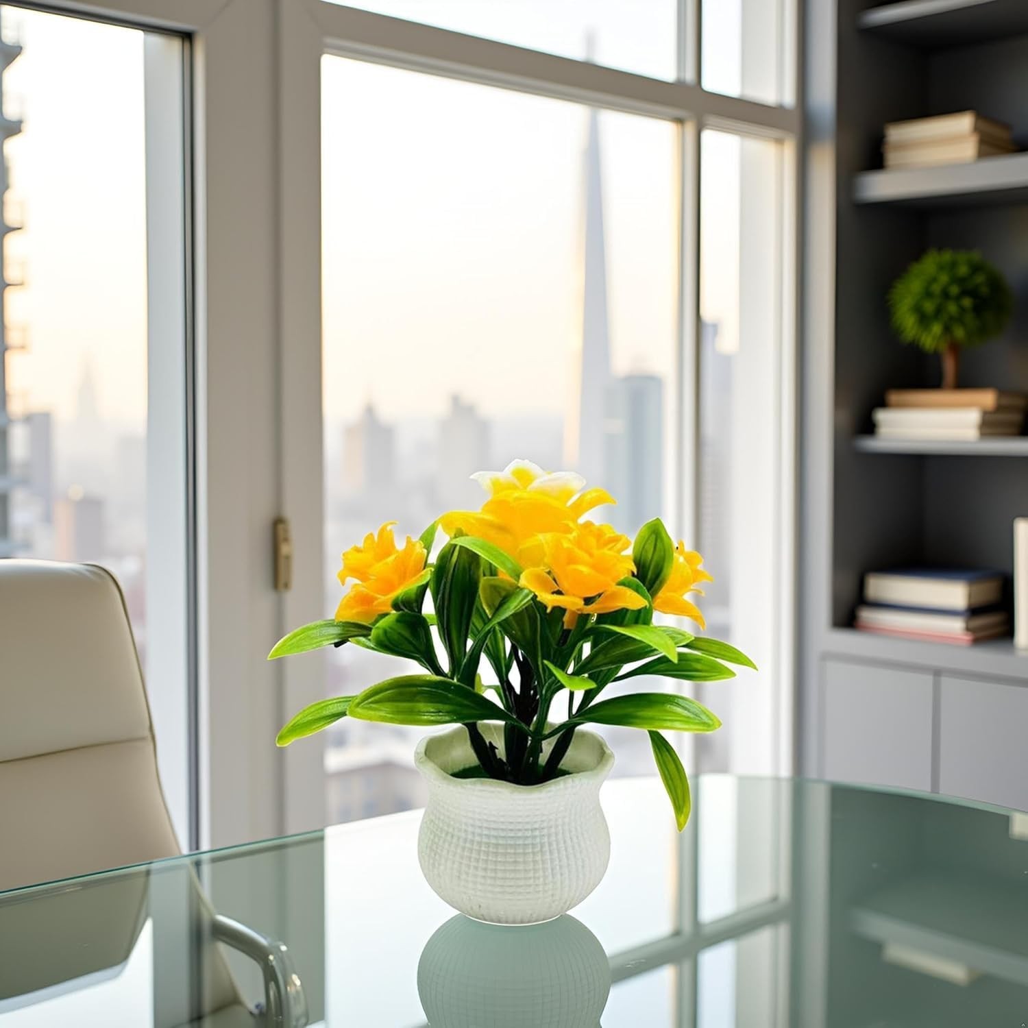 Yellow Faux Roses – 5-Petal Bloom Potted Arrangement for Home/Wedding/Garden …