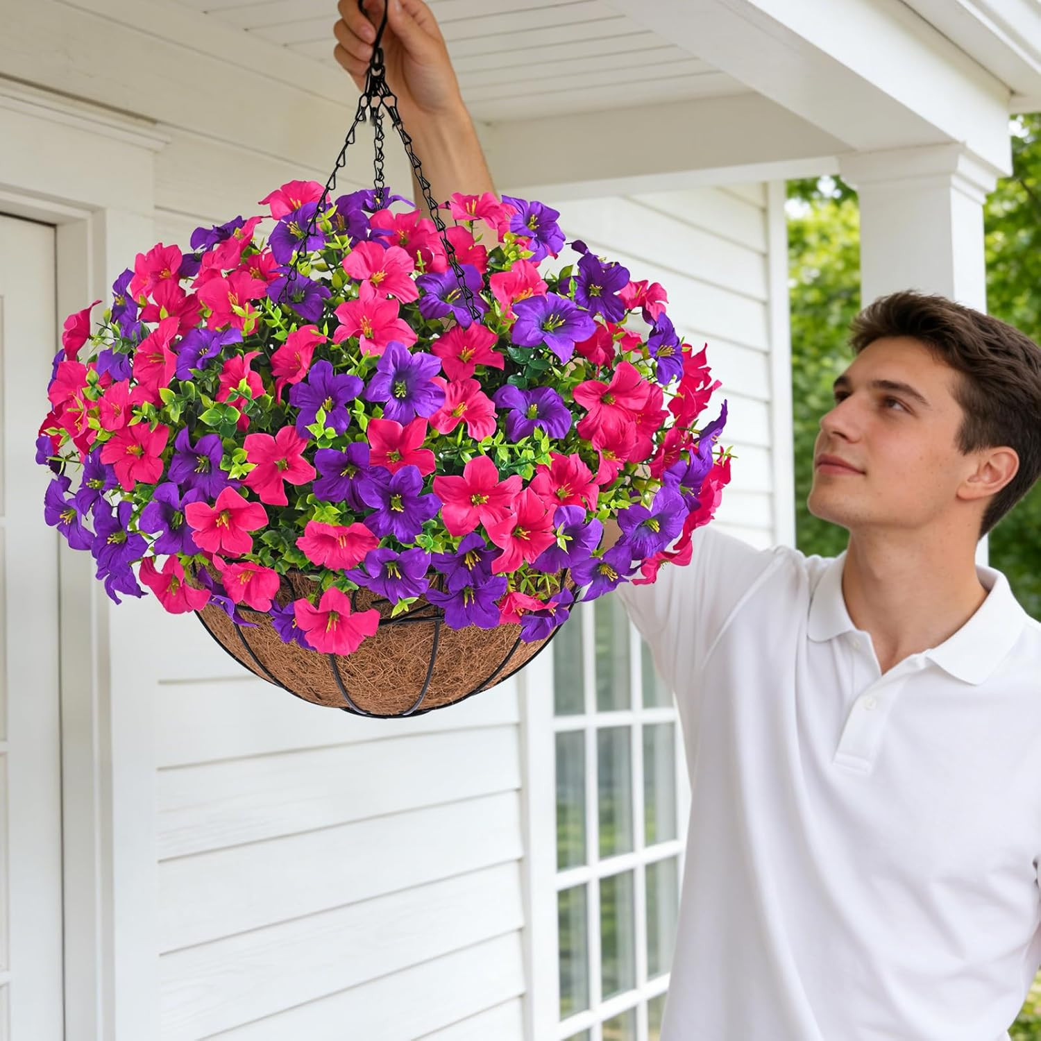 Realistic Artificial Hanging Flowers for Outdoors with Basket, 2 Set Large Size