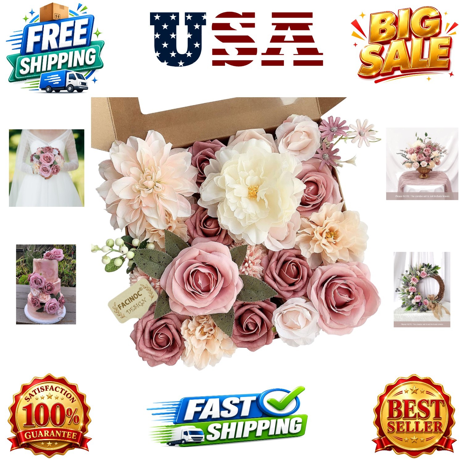 Roses Artificial Flowers Pink Bouquets Box Set for DIY Bridal Wedding Shower …