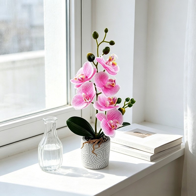 Fake Orchid Flower Plant in Cement Pot for Contemporary For Home Decoration