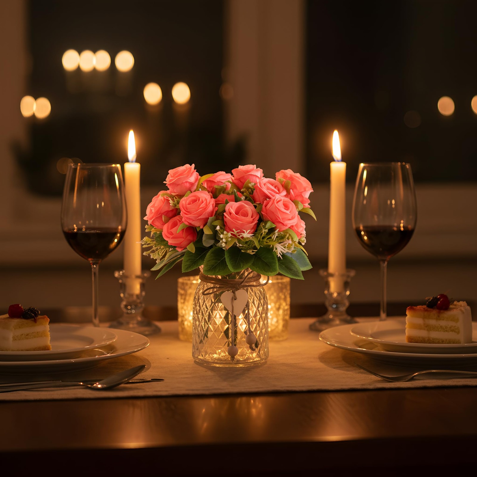 Pink Faux Rose Flowers In Vase Artificial Centerpiece Arrangement 18 PCS
