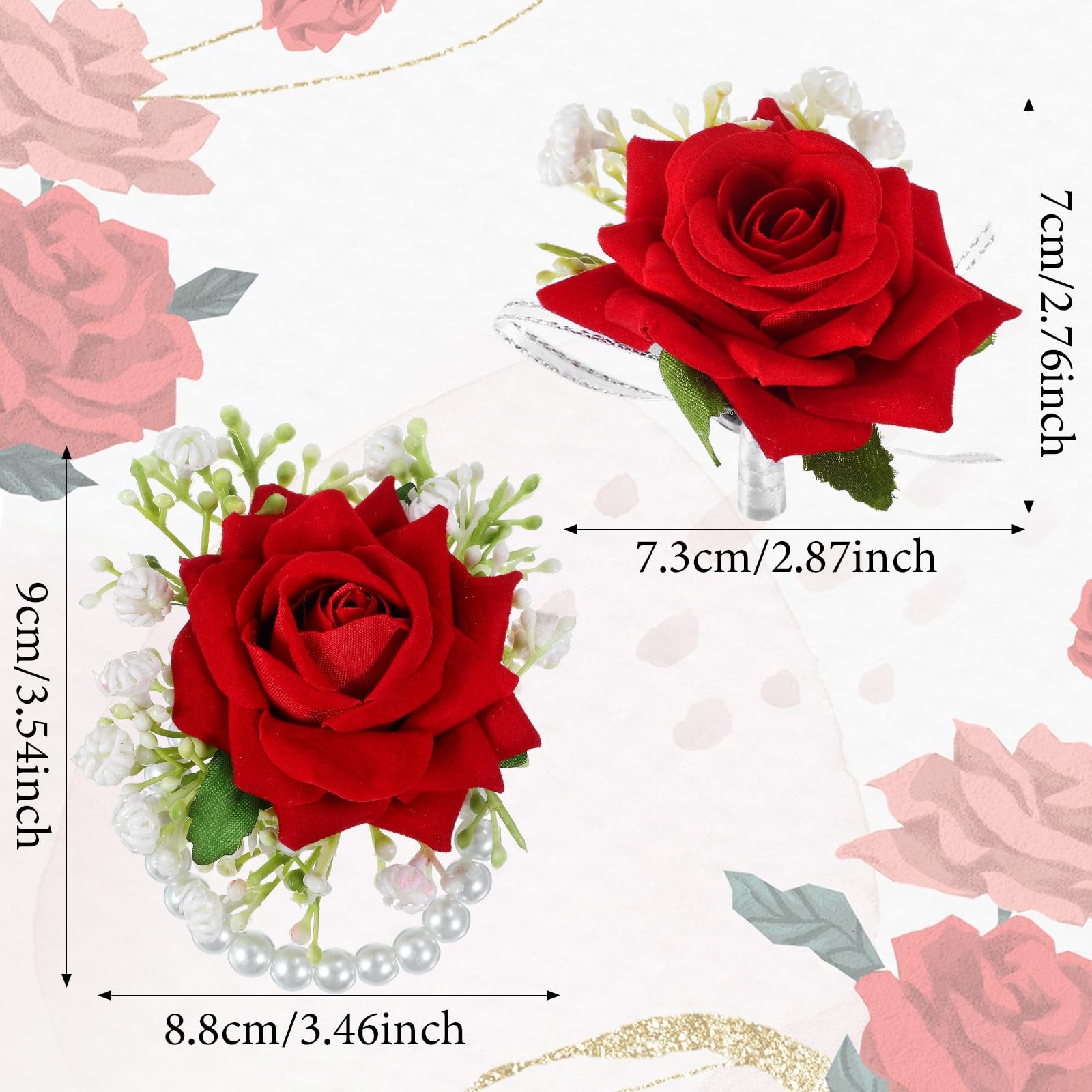 2 PCS Red Rose Corsage Set Pearl Hand Flower Wrist Wedding Prom Bridesmaid