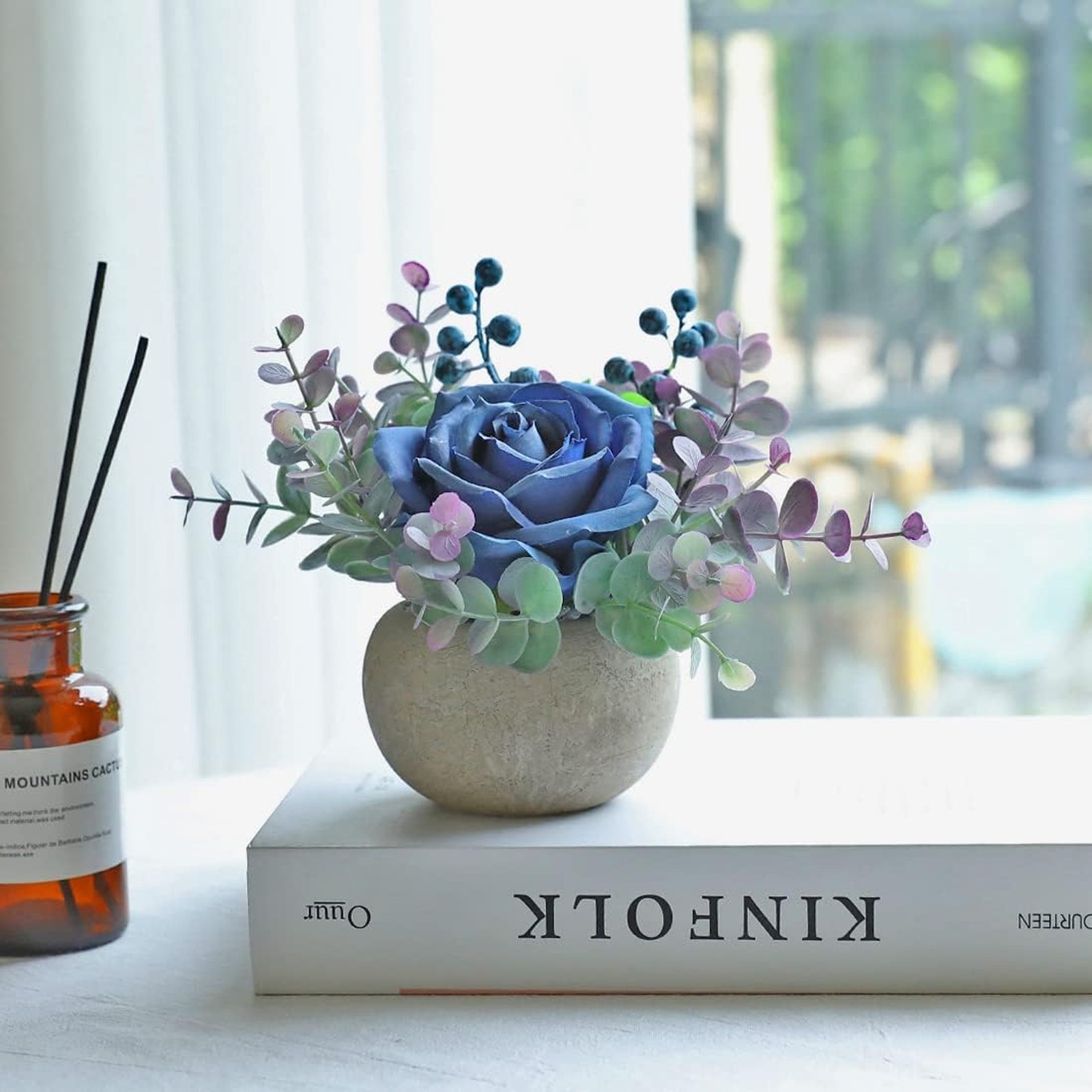 Small Artificial Blue Rose Potted Plant 6 Inch Faux Silk Flowers in Round Pot