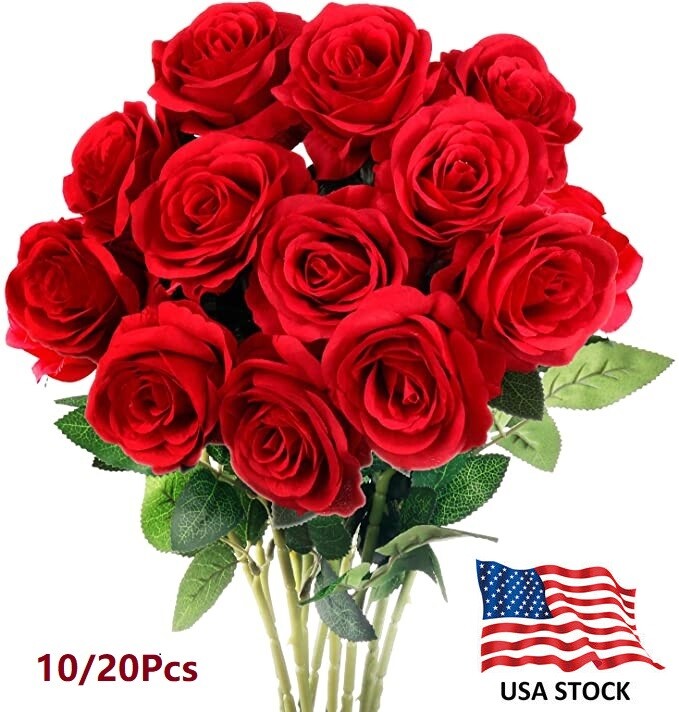 20pcs Artificial Rose Flower Red Silk Roses with Stem Flowers Bouquet Wedding US