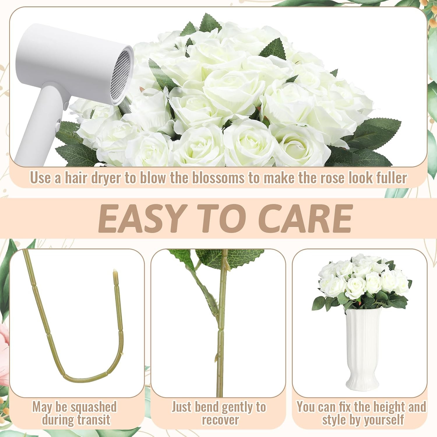 36 Pcs Silk White Rose Bouquet – Realistic Artificial Flowers for Weddings & Dec