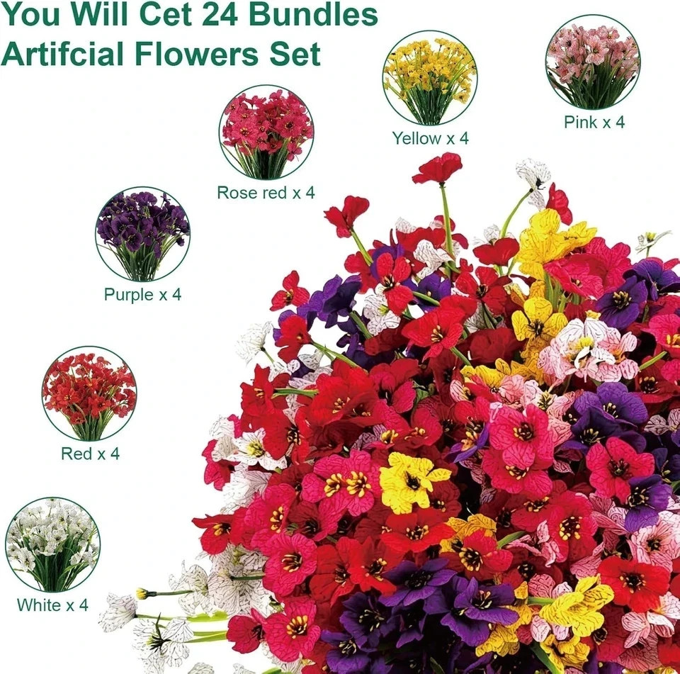 24 Pcs (6 Color) UV Resistant Outdoor Artificial Faux Flowers Plants Realistic P