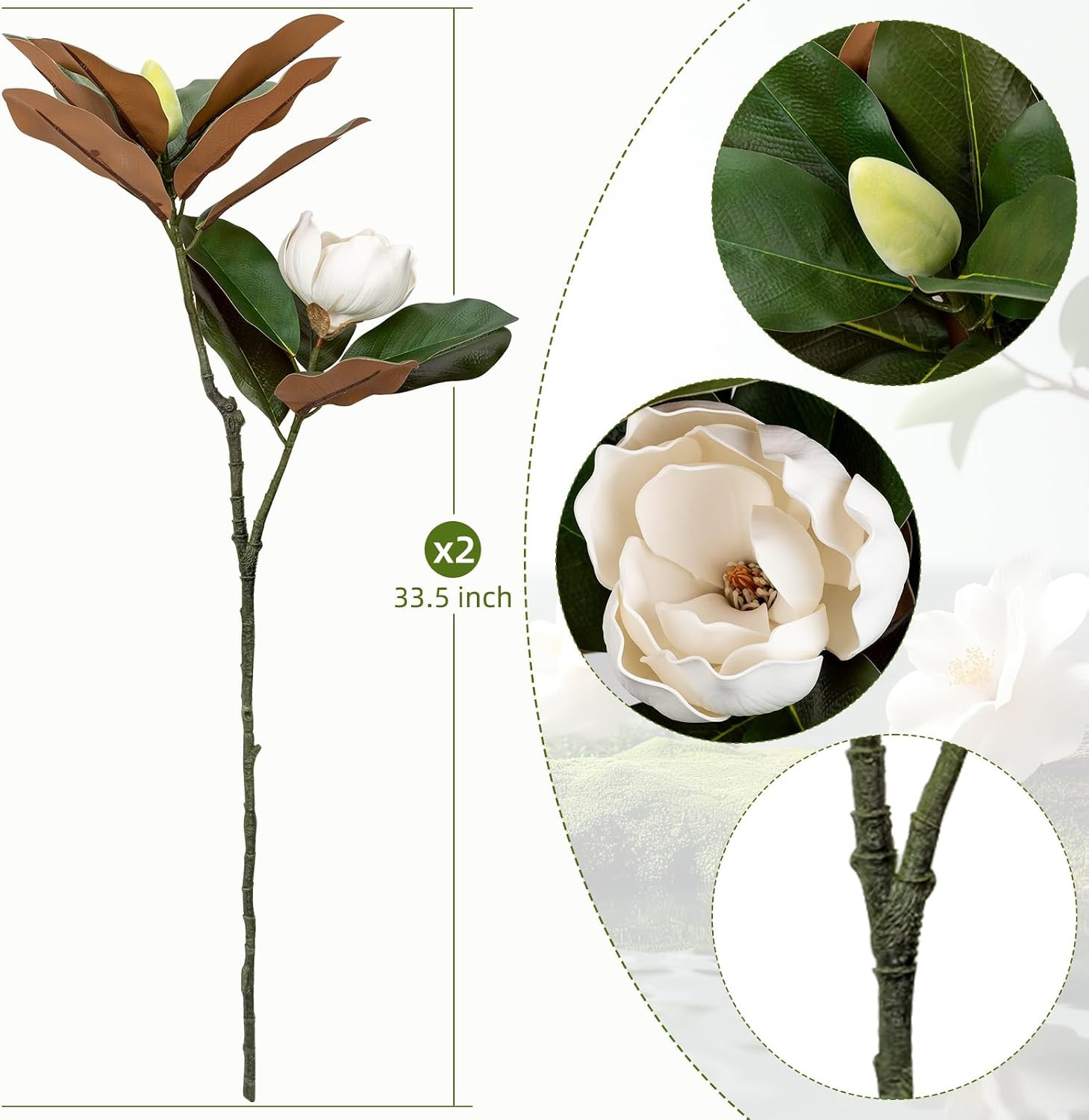 33.5″ Artificial Magnolia Flowers – 2PCS Real Touch Faux Floral Arrangement Whit