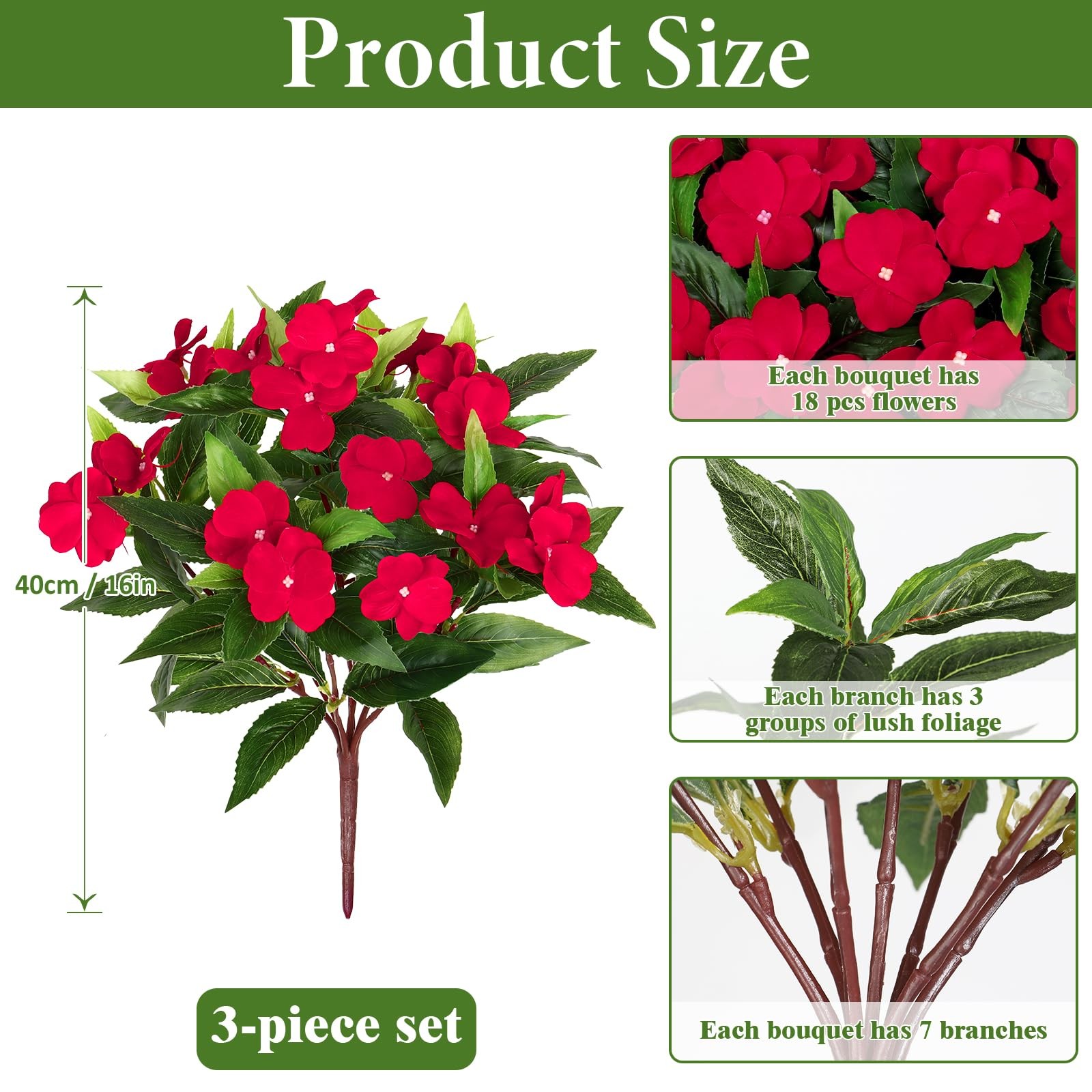 KHOYIME Artificial Flowers for Outdoors 3PCS Red Fake Impatiens Flower Bouque…