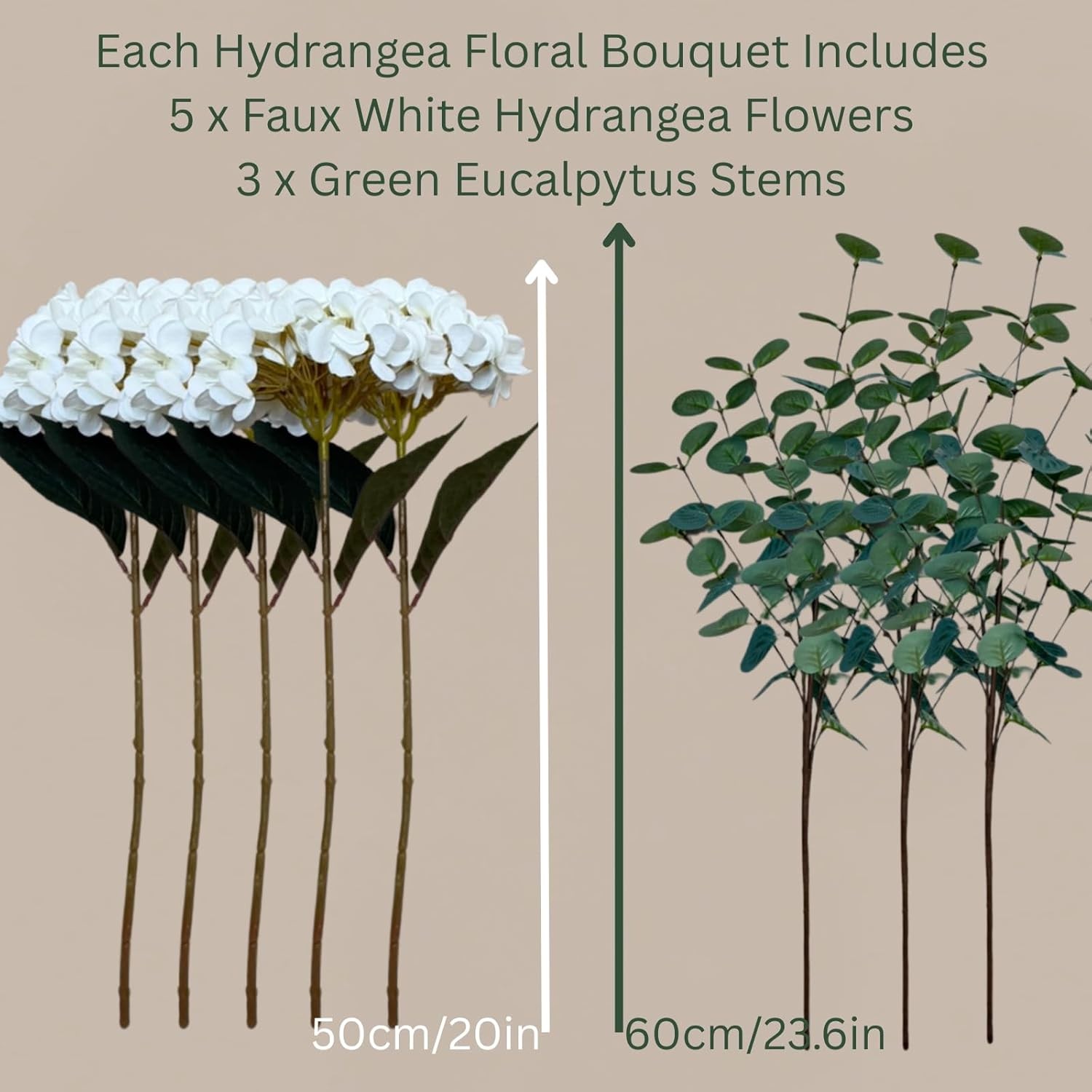 Real Touch White Faux Hydrangea Flowers 5 Heads With Eucalyptus Stems Greenery