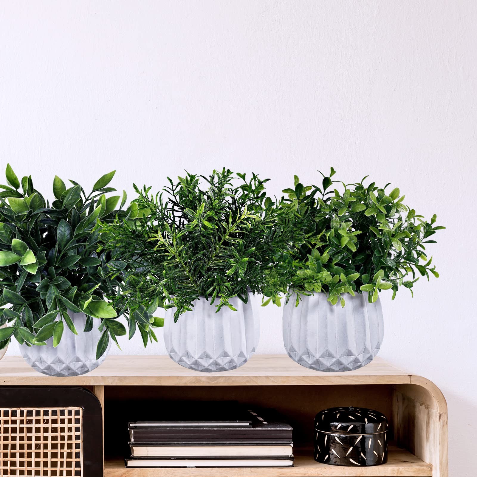 3 Pcs Faux Potted Plants Set – Artificial Eucalyptus, Rosemary, Boxwood Green…