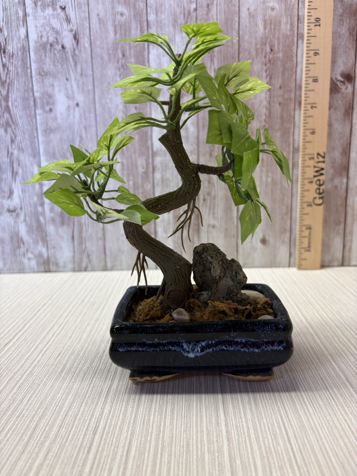 Artificial Bonsai Tree 8” Faux Plant In Vintage Blue 4×3 Pot FREE SHIPPING