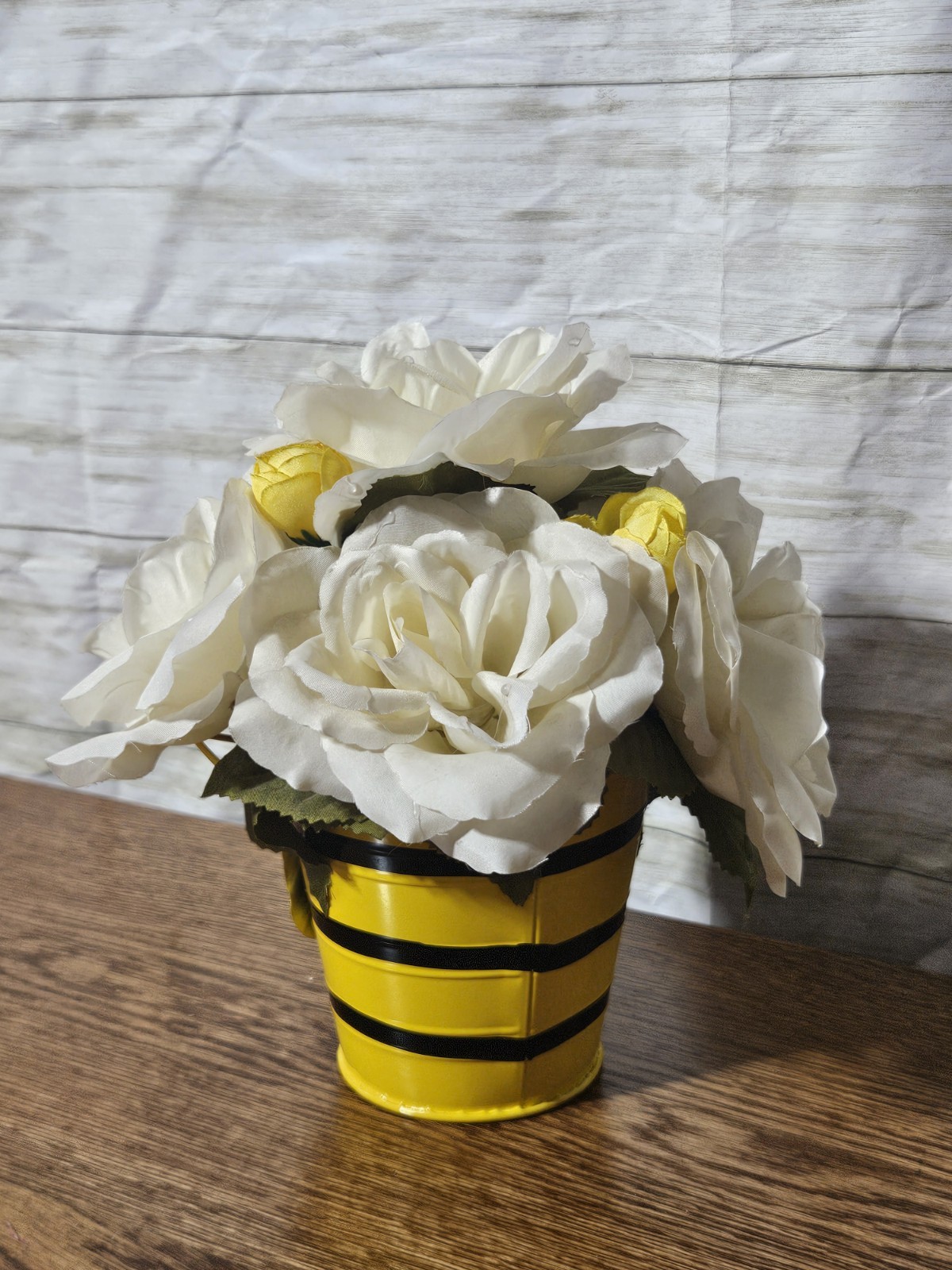 Homemade Bee Mine White Rose Flower Arrangement In A Yellow N Black Tin Bucket