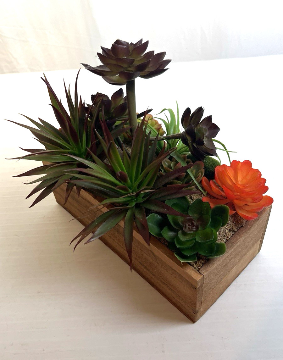 Decorative Faux Succulent Arrangement Home Decor Wooden Planter Box Rustic