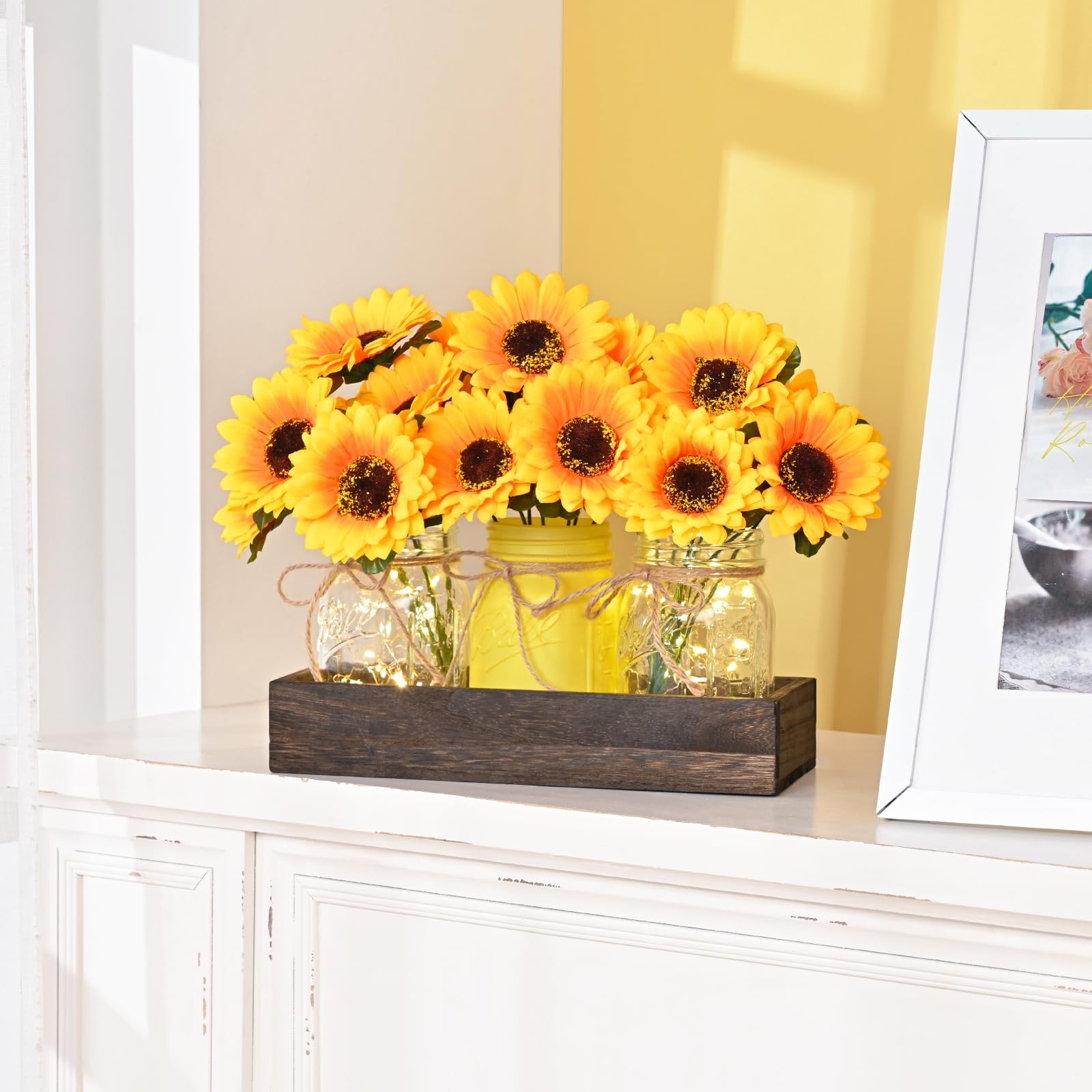 Centerpiece Table Decorations – 3Pcs Sunflowers Artificial Flowers in Mason Jars