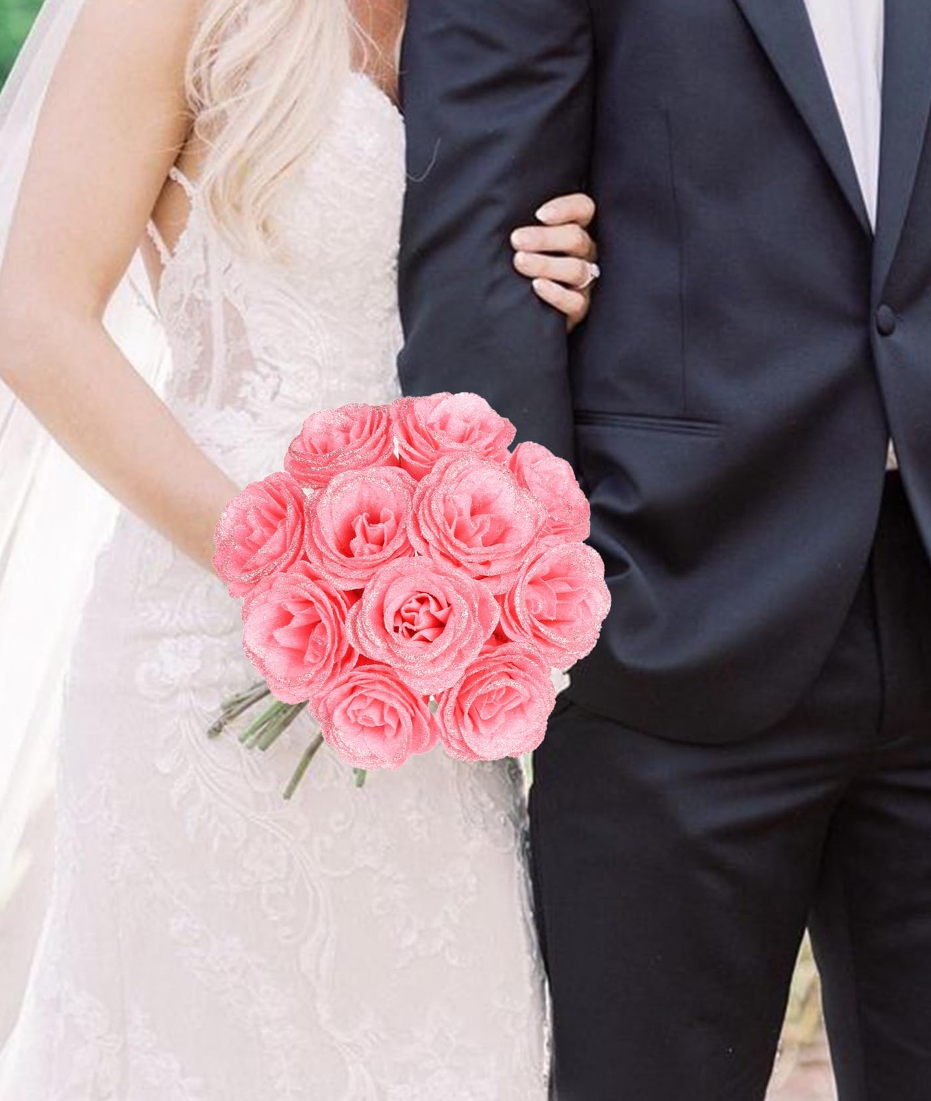 30PCS Glitter Roses Fake Peach Flowers Artificial Roses with Stems for Weddin…