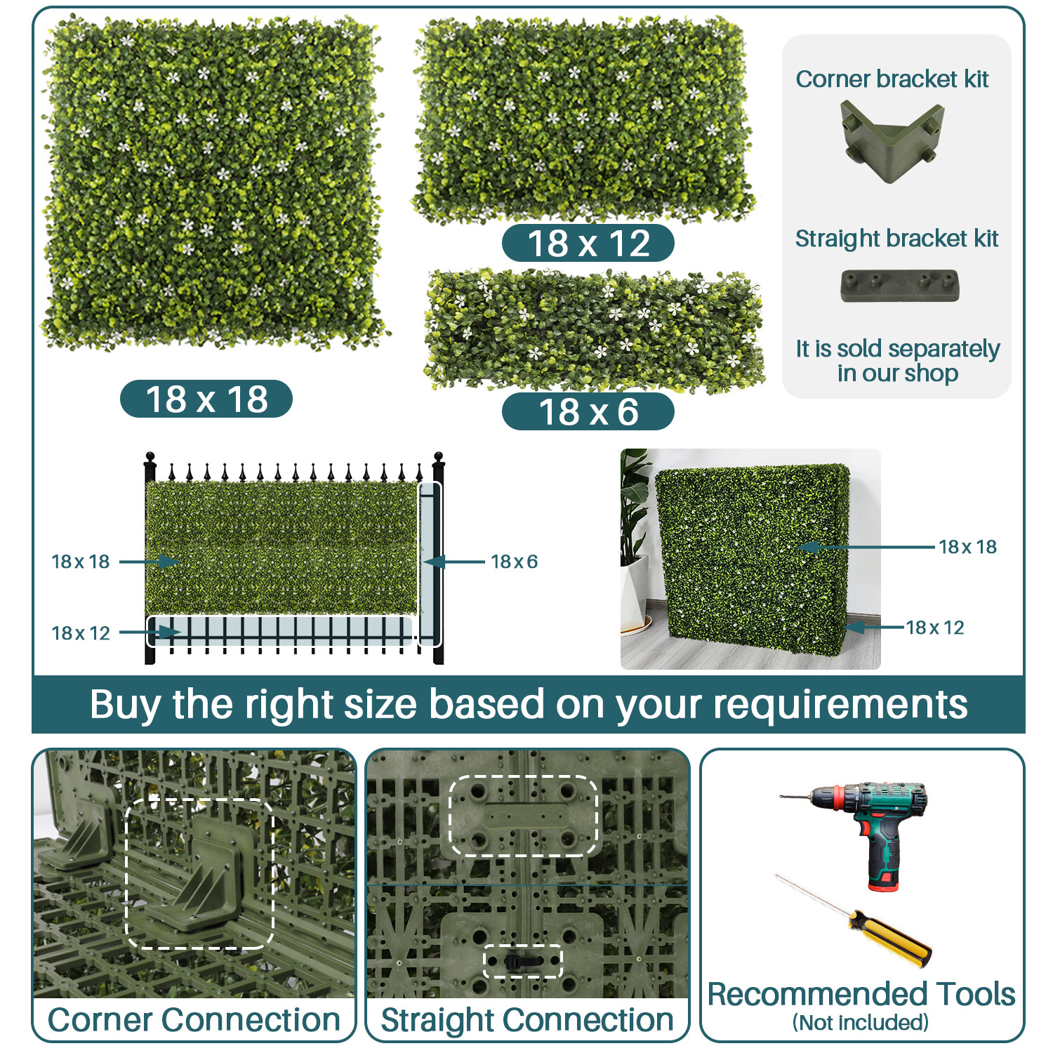 18″x6″ Artificial Ivy Mats Wall Hedge With Hard Panel for Indoor Outdoor Decor