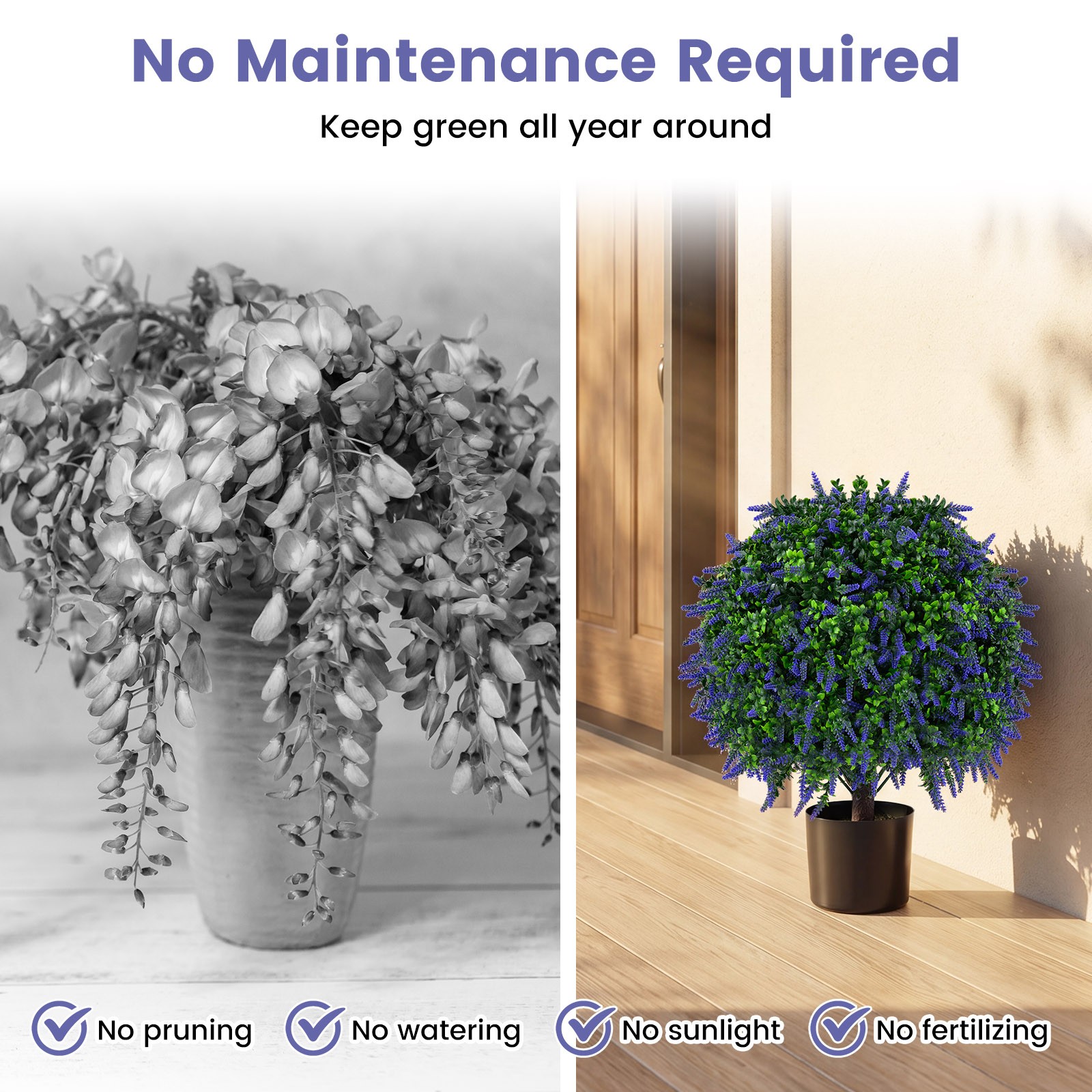 Set of 2 Artificial Lavender Topiary Ball Trees 22″ Faux Lavender Potted Plants