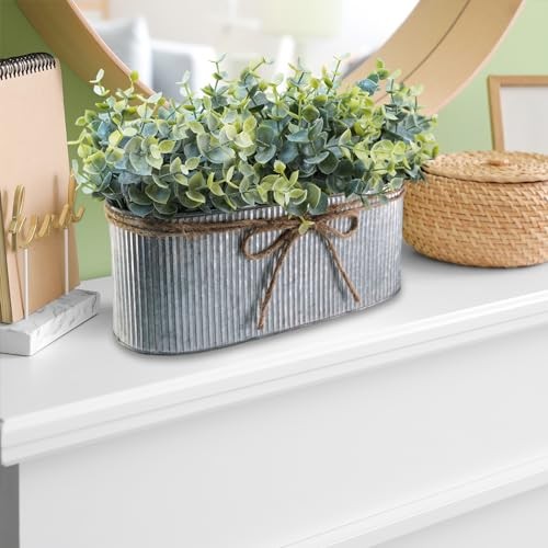 Artificial Eucalyptus Arrangement in Rustic Oval Galvanized Metal Planter Box