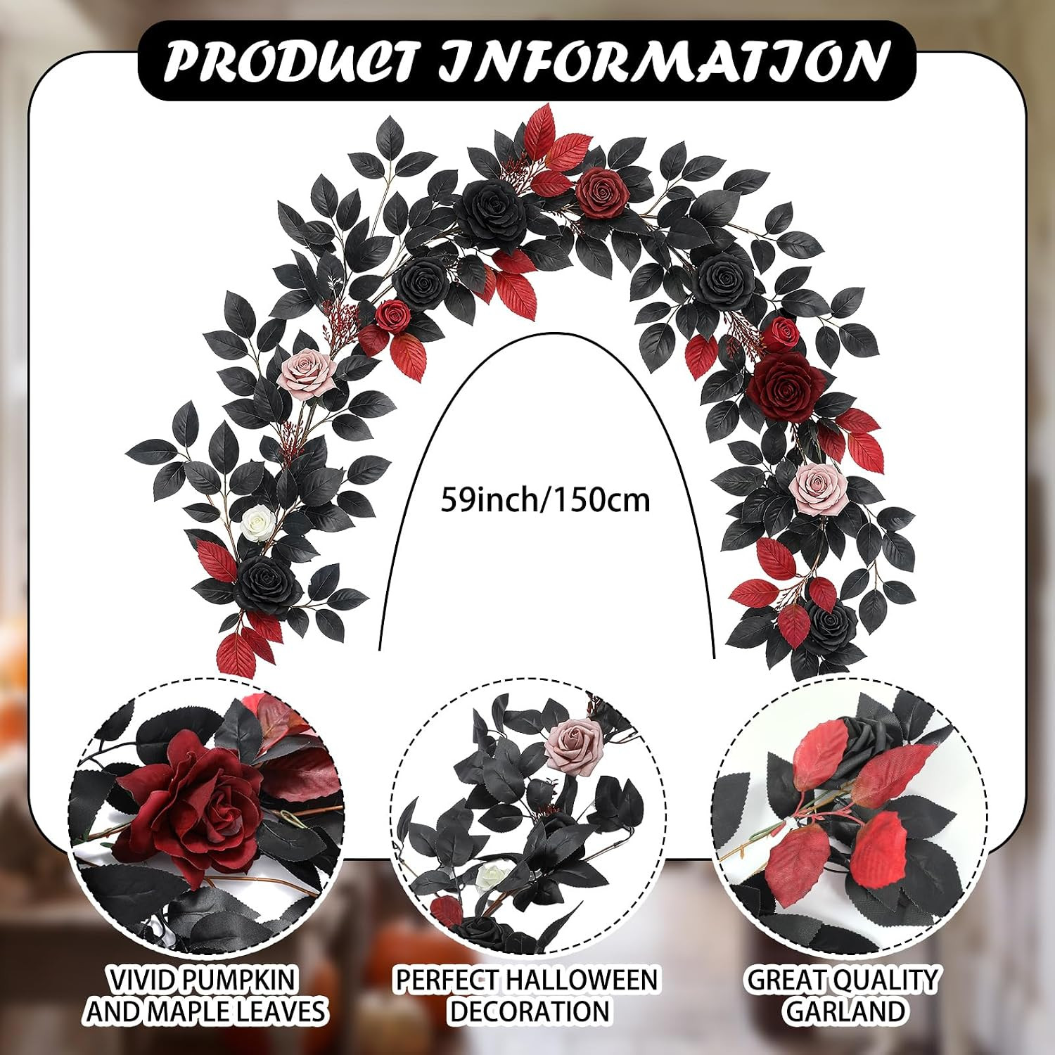 5 Ft Halloween Black Burgundy Artificial Flower Garland Fake Rose Vine Hanging G