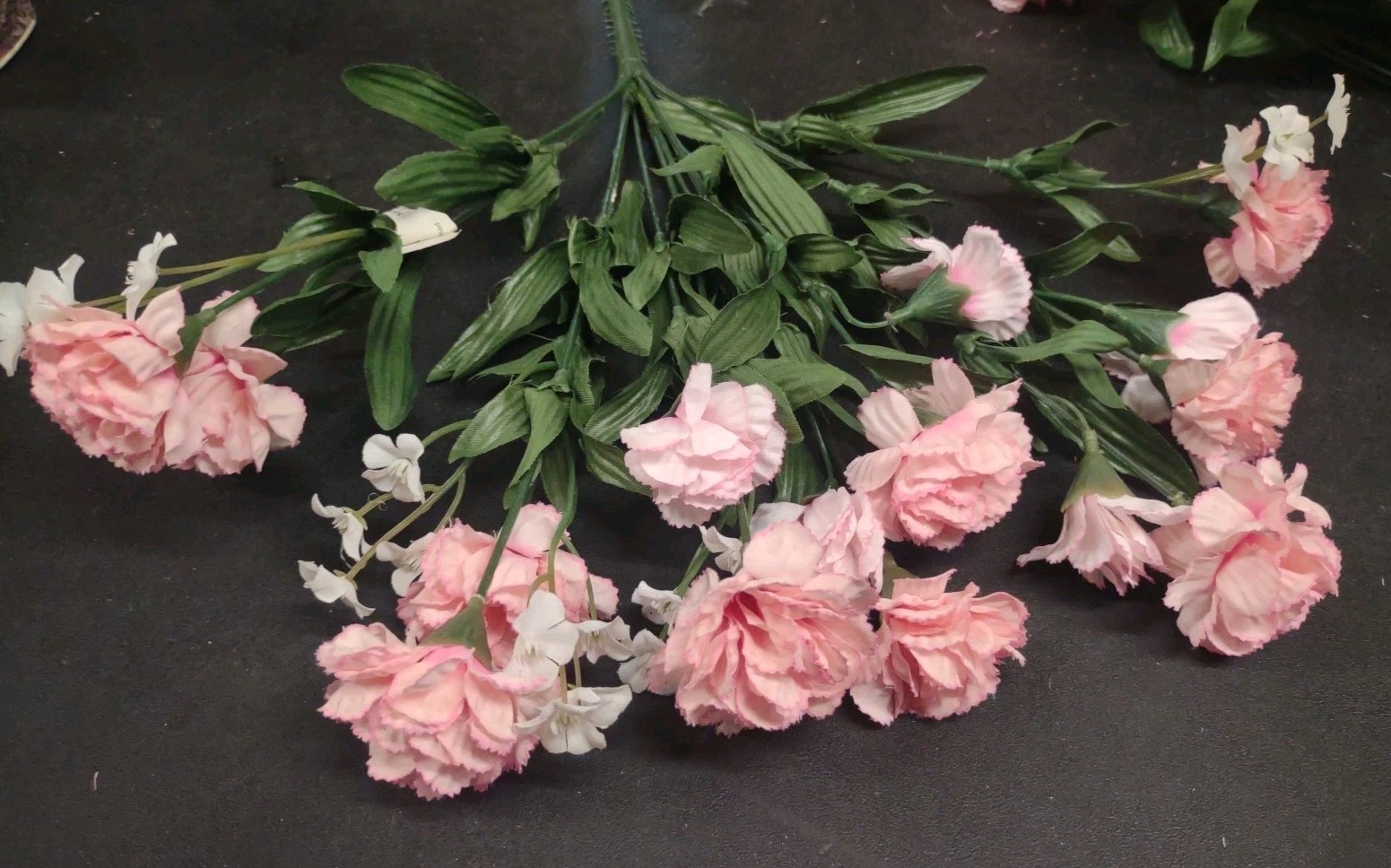 Realistic Silk Miniature Carnation Bush, 11 Stems, Pink with Babies Breath 15″