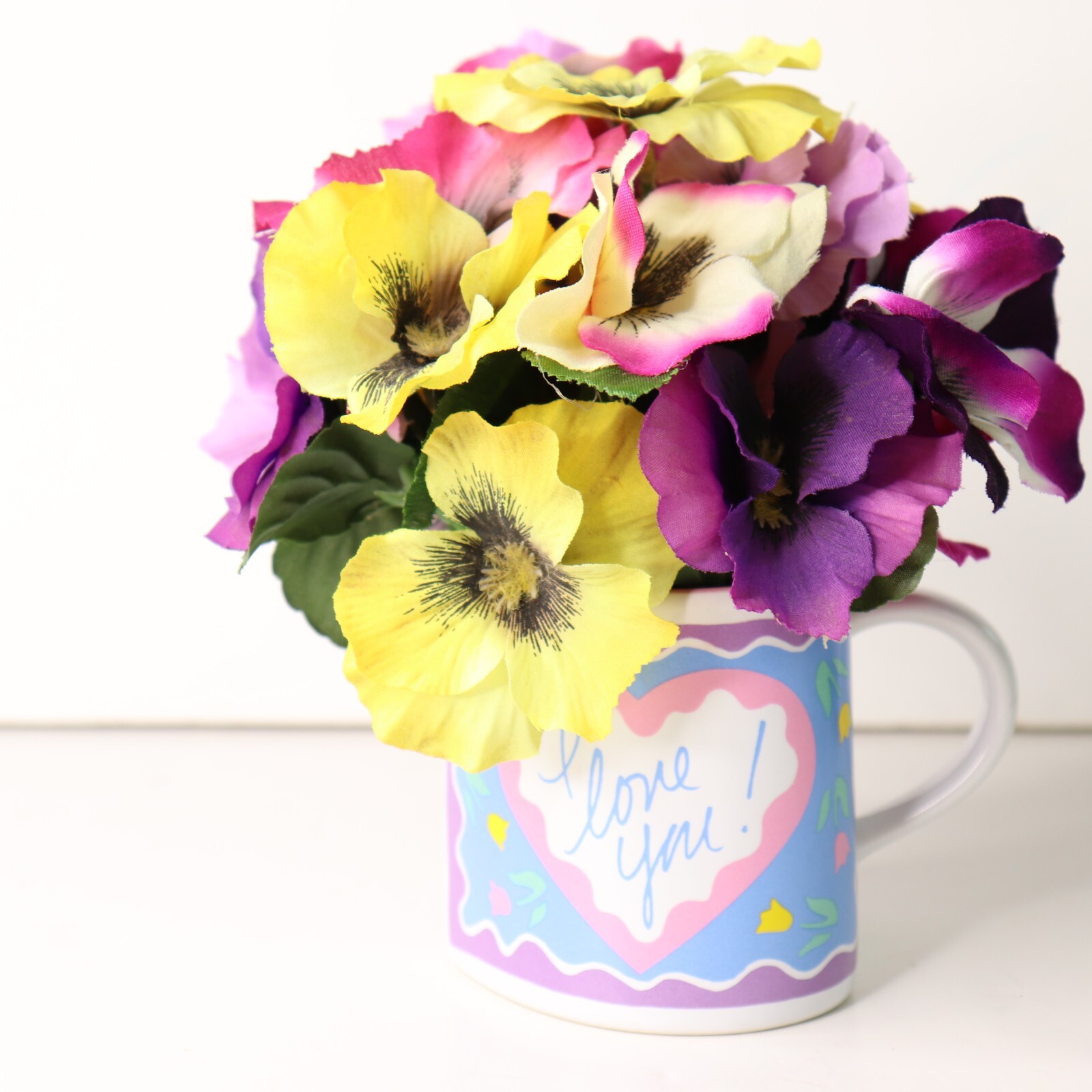 Cute I Love You Heart Shaped Coffee Mug with Multicolor Pansy Floral Arrangement
