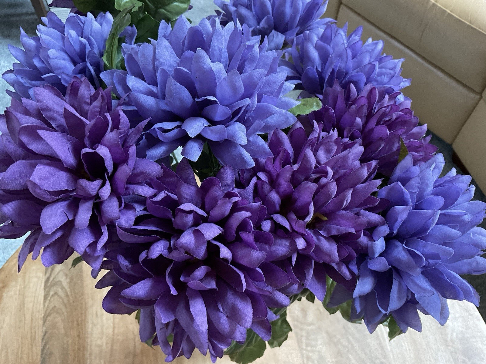 Artificial Purple Mum Flower Bouquet w/Leaves ~ 19” Long ~ Fall Decor