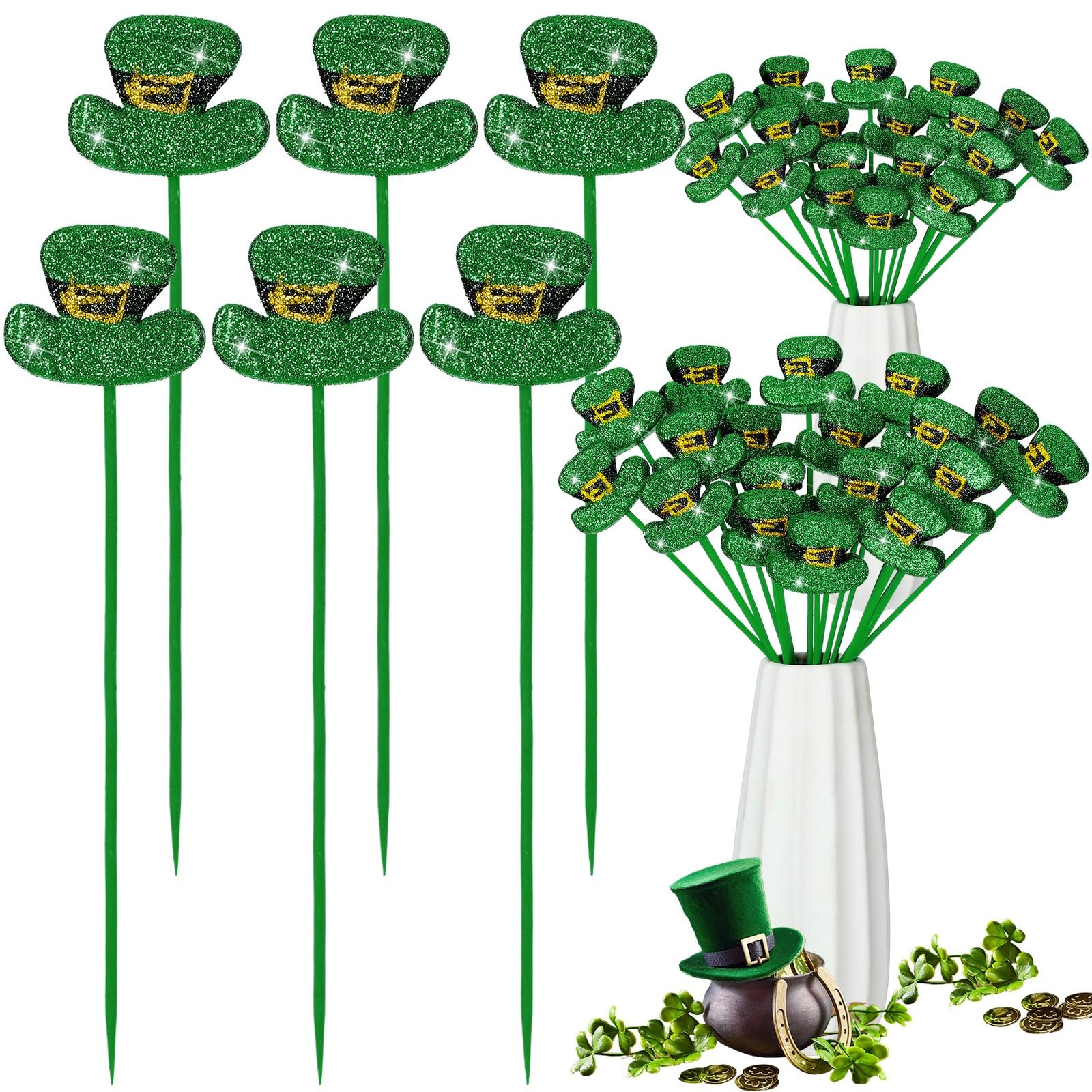 24 Pcs St. Patrick’s Day Glitter Picks Shamrock Leprechaun Hat Picks St Patri…